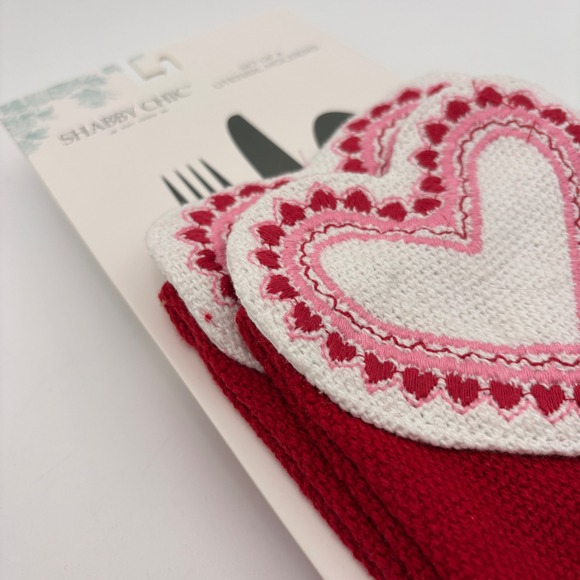 Shabby Chic Set of 4 Valentines Heart Utensil Holders Red Embroidered Fabric - Picture 2 of 3